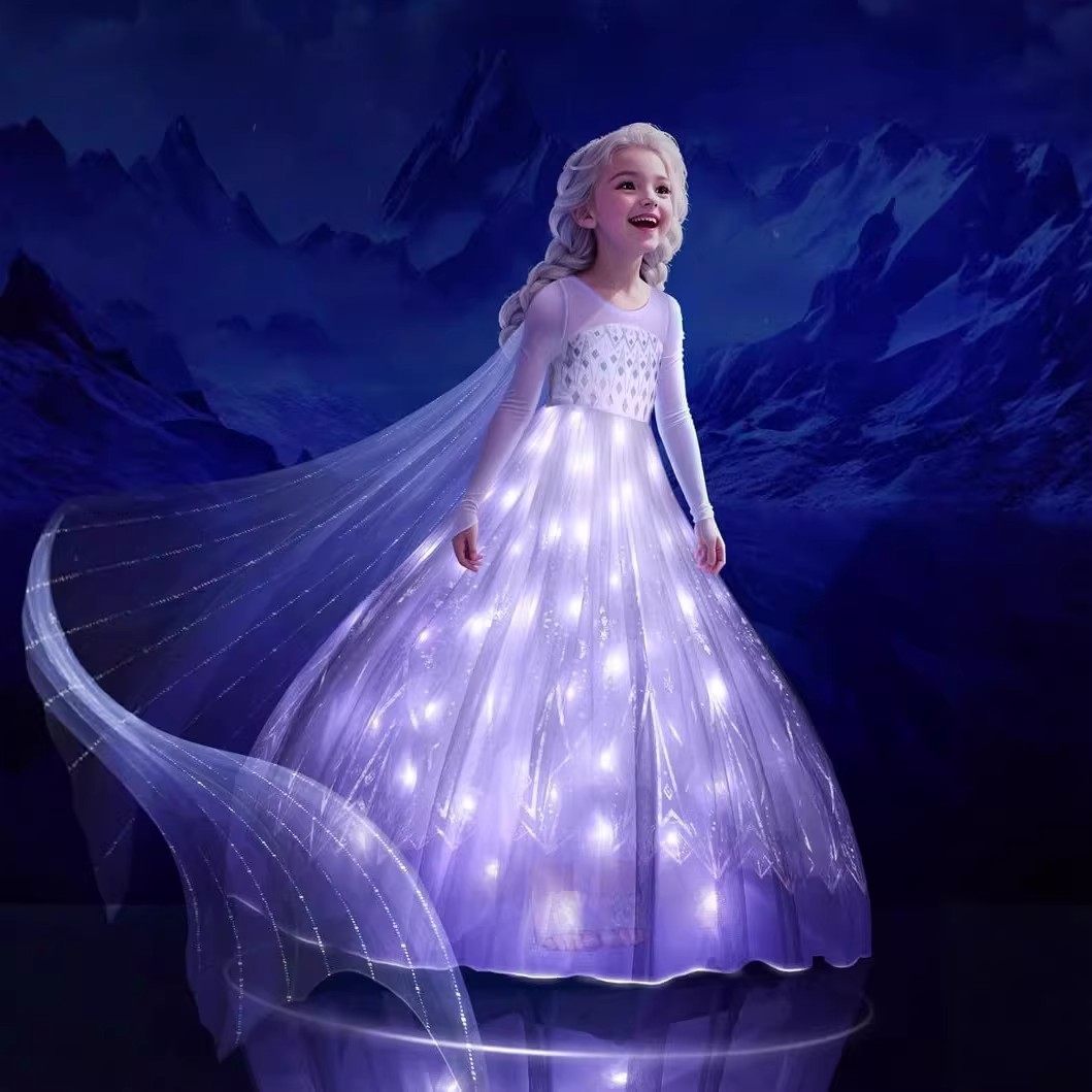 女童发光艾莎公主裙长袖网纱蓬蓬礼服裙六一爱莎表演服舞台演出裙,童装/婴儿装/亲子装,儿童礼服,淘宝优惠券,粉丝福利购,淘宝优惠卷