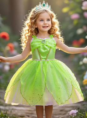 万圣节小叮当Tinkerbell公主裙精灵女童青蛙蒂安娜洋气表演连衣裙