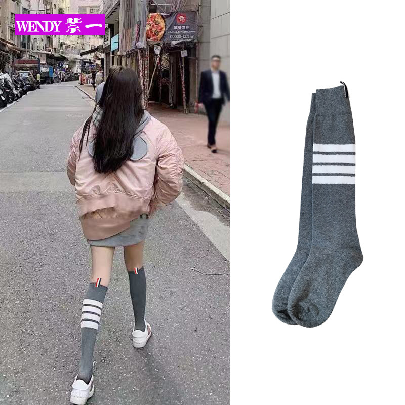 秋季女TB中长筒带标四道杠条纹学院风纯棉ins潮过膝及膝小腿袜子