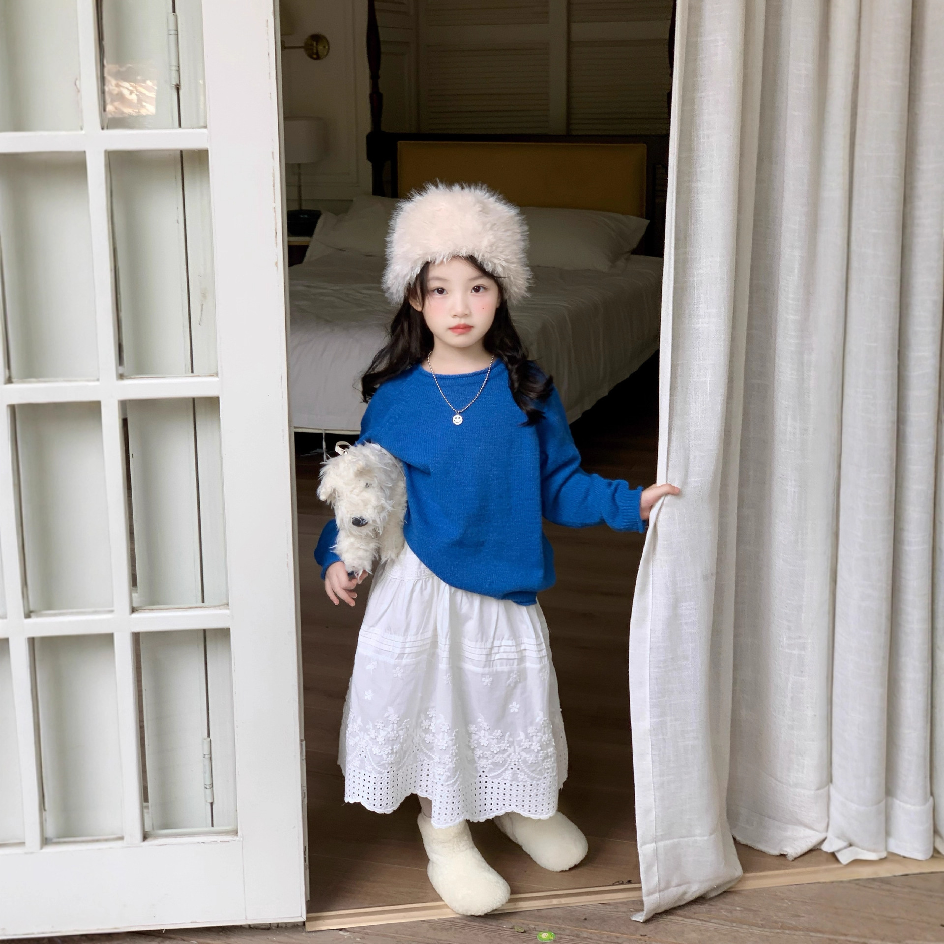 2025春款女宝宝韩版纯色针织上衣儿童圆领毛线衣半身裙公主裙长裙