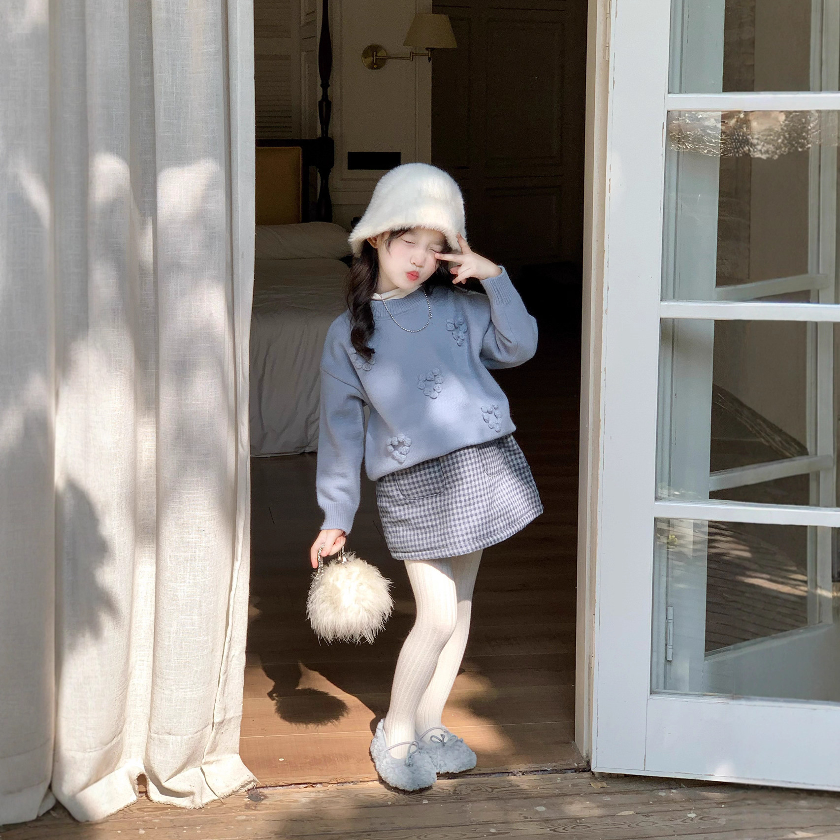 2025秋冬新款童装中小童宝宝毛线上衣夹棉格子半身裙儿童韩版毛衣