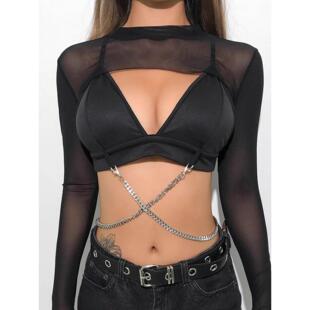 sexy long sleeve black fitted crop mesh sleeve top women sm