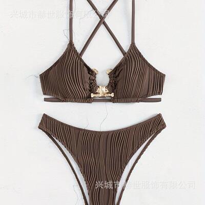 Strap hollow solid color swimsuit set吊带镂空纯色比基尼套装