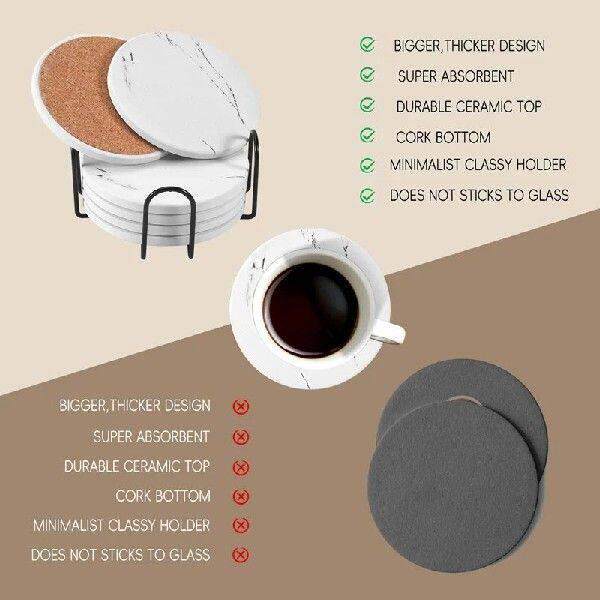 Coasters For Drinks, Ceramic Stone Coaster Set With Metal