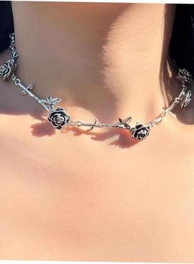 retro black necklace rose neck chain short choker 玫瑰锁骨炼