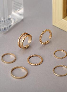 rings women 7-piece set 合金金色戒指女覆古炼条戒指组套7件套