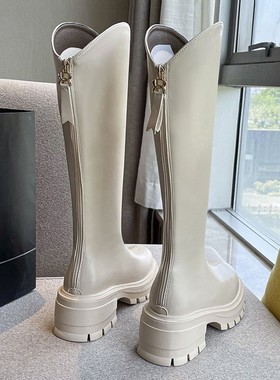 guidi fame白色真皮厚底长靴女秋冬新款不过膝骑士靴加绒高筒靴女