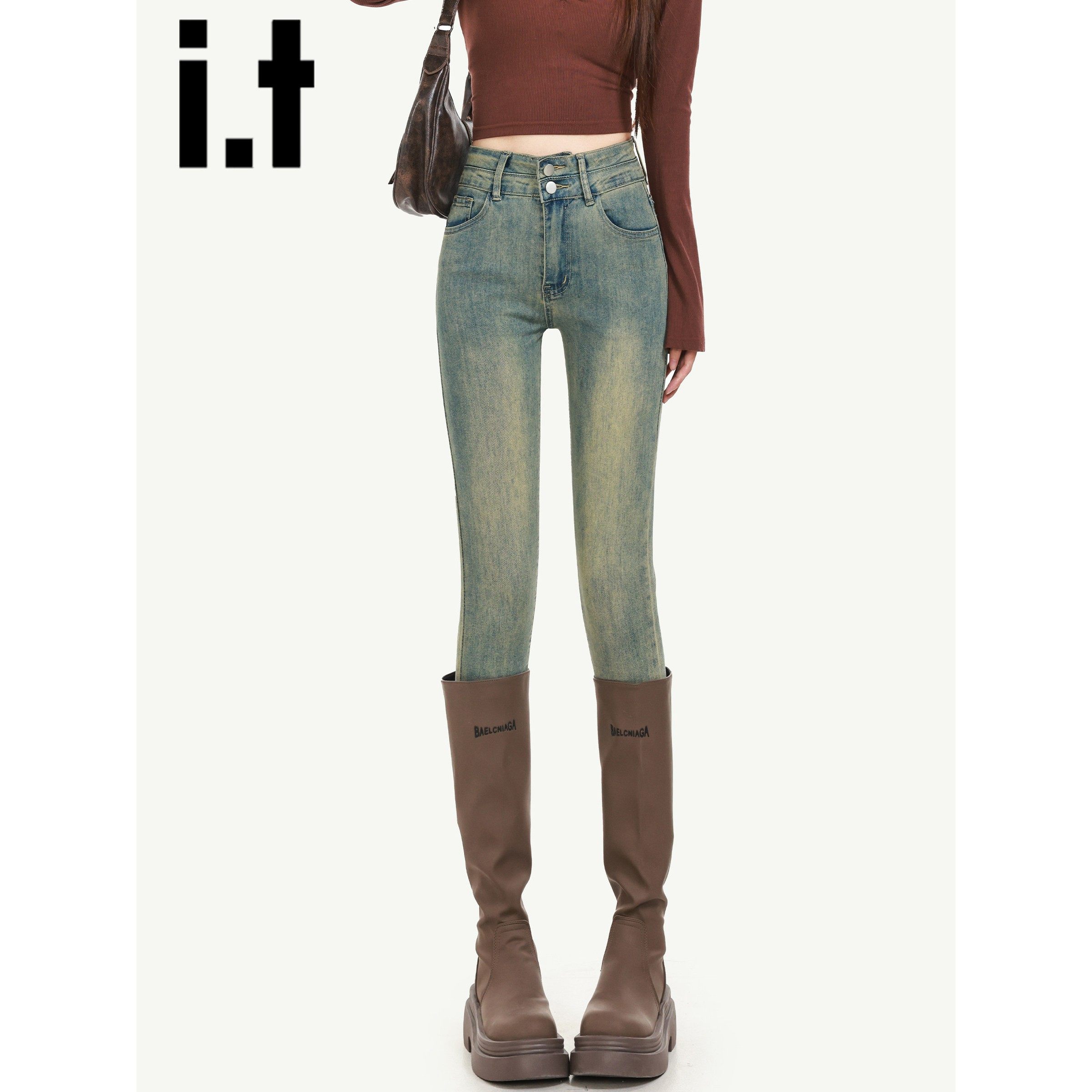 it:CHOCOOLATE覆古紧身小脚加绒牛仔裤女2025新款秋冬高腰铅笔裤