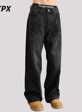 DXPX品牌专柜高街美式烫钻直筒满天星牛仔裤男秋季新款宽松阔腿裤