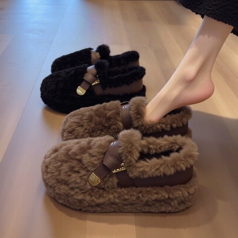 英国厚底羊羔绒毛毛鞋女冬季2025新款超火一脚蹬棕色加绒豆豆棉鞋,女鞋,毛毛鞋,淘宝优惠券,粉丝福利购,淘宝优惠卷