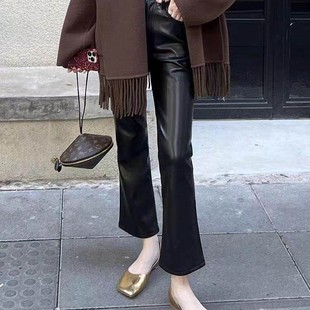 海宁真皮皮裤九分裤微喇叭裤直筒休闲安哥拉红秋冬韩版烟管长裤