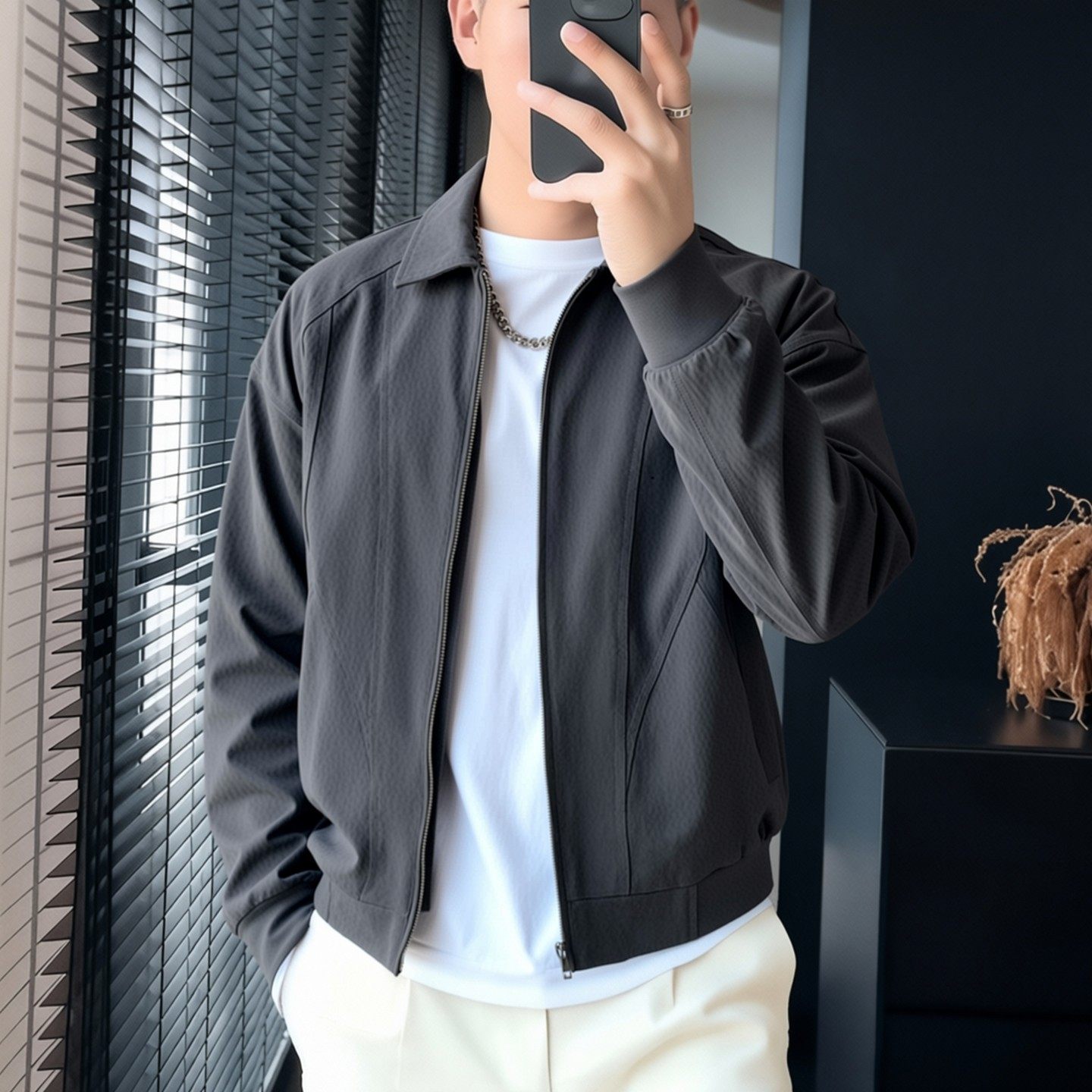 2025冬季新款简约翻领深灰色工装夹克宽松设计感外套潮牌男装上衣,男装,大码上装,淘宝优惠券,粉丝福利购,淘宝优惠卷