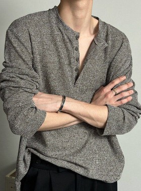 Ander Jurnal 肌理感男士针织衫长袖T恤宽松休闲内搭亨利领上衣男