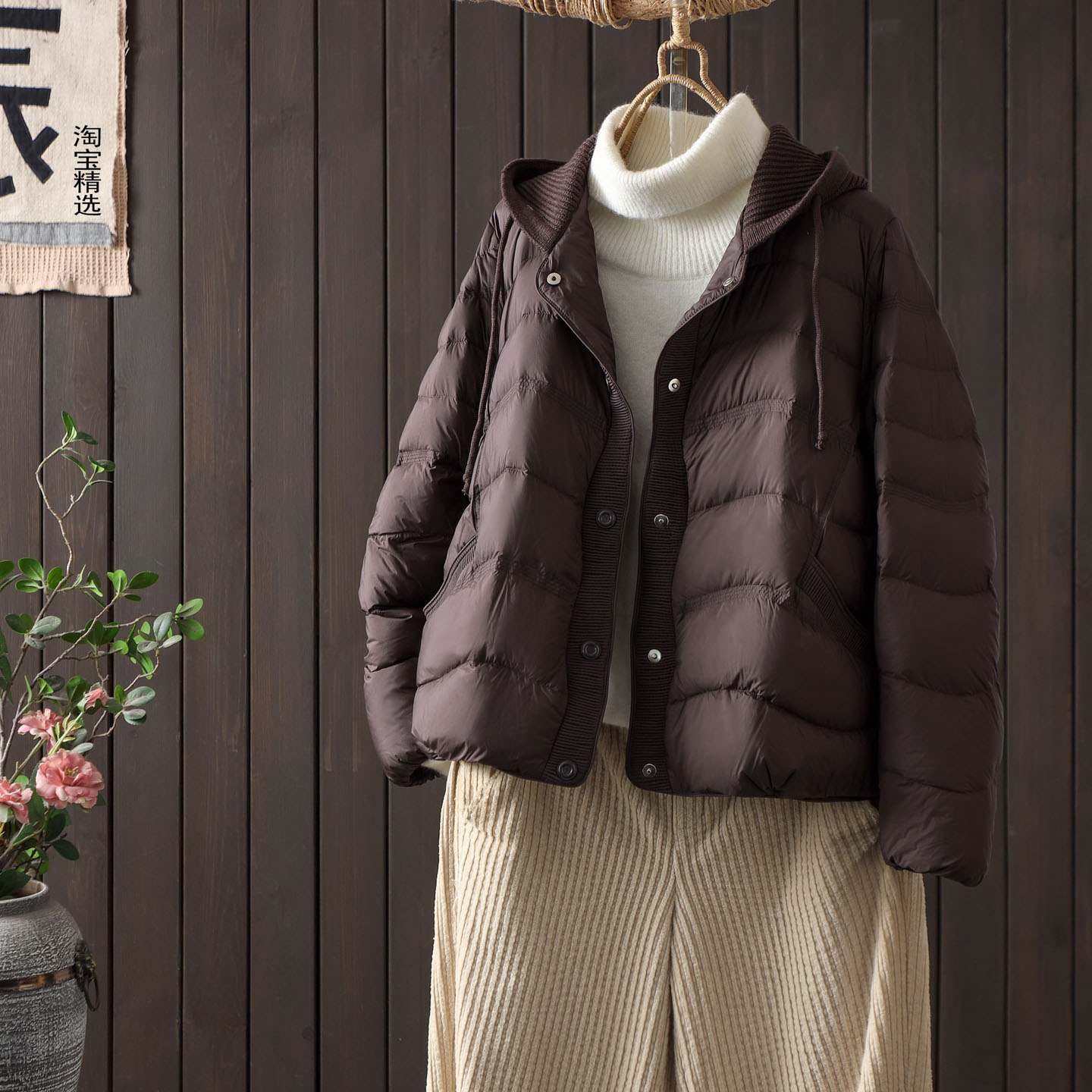 韩版针织连帽短款羽绒服女小个子