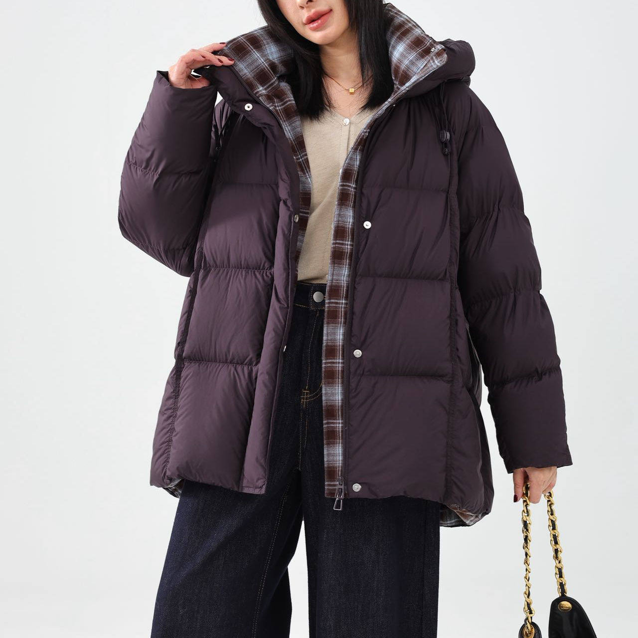 韩版连帽加厚90白鸭绒羽绒服女中长款2025冬季时尚撞色保暖外套潮
