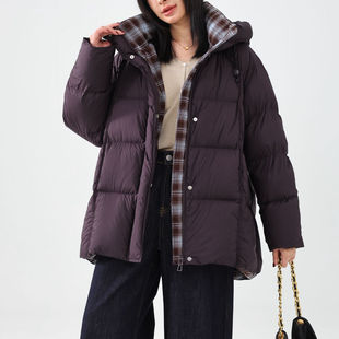 韩版连帽加厚90白鸭绒羽绒服女中长款2025冬季时尚撞色保暖外套潮