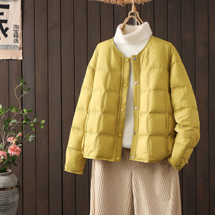 磁吸扣方格圆领简约羽绒服女短款2025冬季新款90鸭绒宽松保暖外套