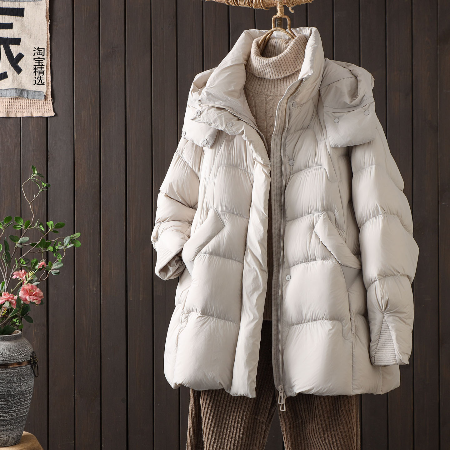 云朵泡芙连帽白鸭绒羽绒服中长款