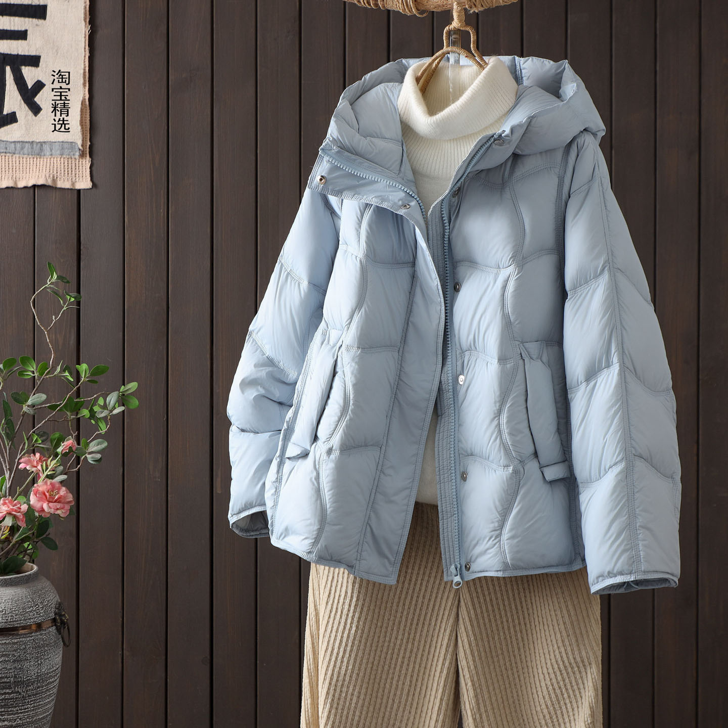 加厚中长款连帽90鸭绒羽绒服女冬