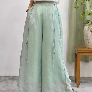 纯色手工飘带文艺九分休闲裤 纯苎麻双层半松紧腰直筒阔腿裤 女夏季