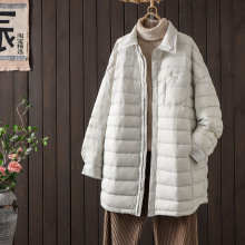 2025秋冬新款轻薄排骨衬衫领羽绒服女中长款宽松廓形90白鸭绒外套