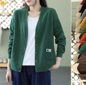 2024春秋款 宽松纽扣长袖 卫衣短款 复古文艺v领开衫 外套女时尚 上衣