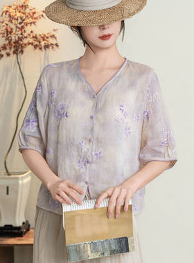 100%苎麻印花减龄薄款衬衫女夏季