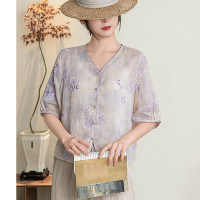 100%苎麻印花减龄薄款衬衫女夏季