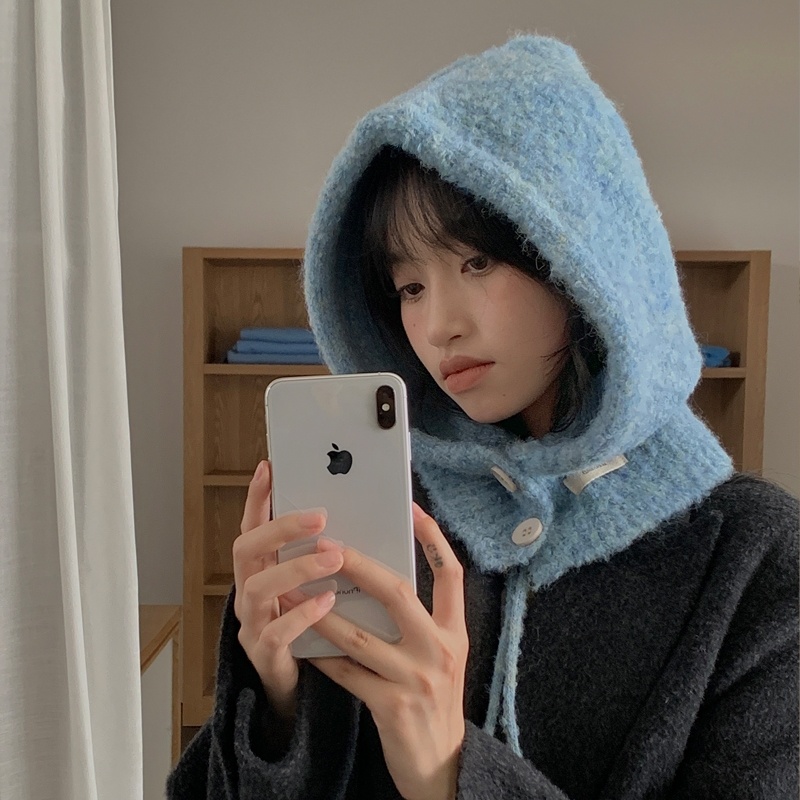 蓝色巴拉克拉法帽女秋冬围脖一体帽子女针织保暖防寒护耳包头帽