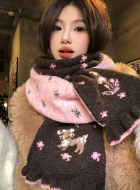 围巾女生可爱小鹿碎花软糯双面针织秋冬季保暖加厚防寒学生护颈