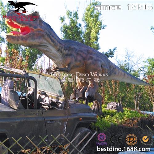 户外仿真恐龙模型仿真霸王龙脚踩吉普车大型机械电动恐龙摆件.