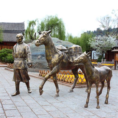 户外人物仿铜雕塑茶文化景观小品园林摆件运茶马玻璃钢农庄装饰品