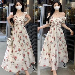 大码茶歇法式泡泡袖碎花裙大码胖mm显瘦遮肚高级感V领清冷感长裙