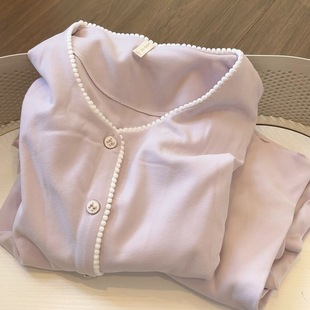 香芋紫磨毛德绒睡衣女秋冬长袖珍珠花边V领高级感保暖家居服套装