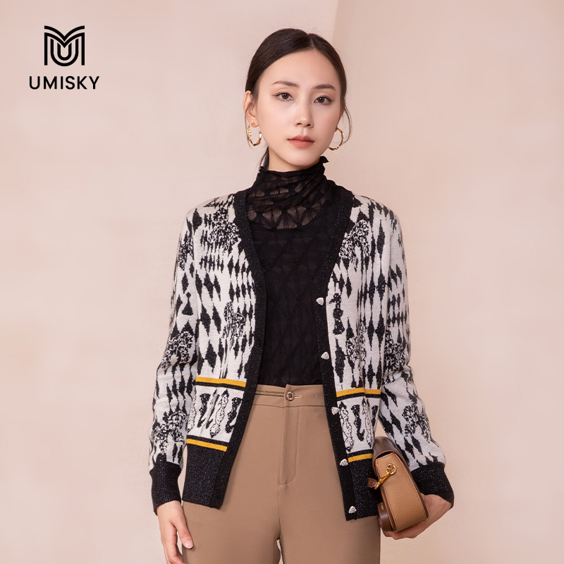 umisky优美世界专柜同款秋季V领优雅宽松印花羊毛衫外套SK3S1202