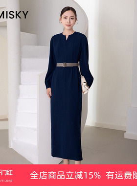 umisky优美世界长袖气质中长连衣裙DI3D3002