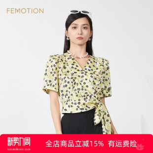 浪漫优雅V领绑带时尚 夏季 印花上衣XK2J3013 商场同款 旗下芬岸女装