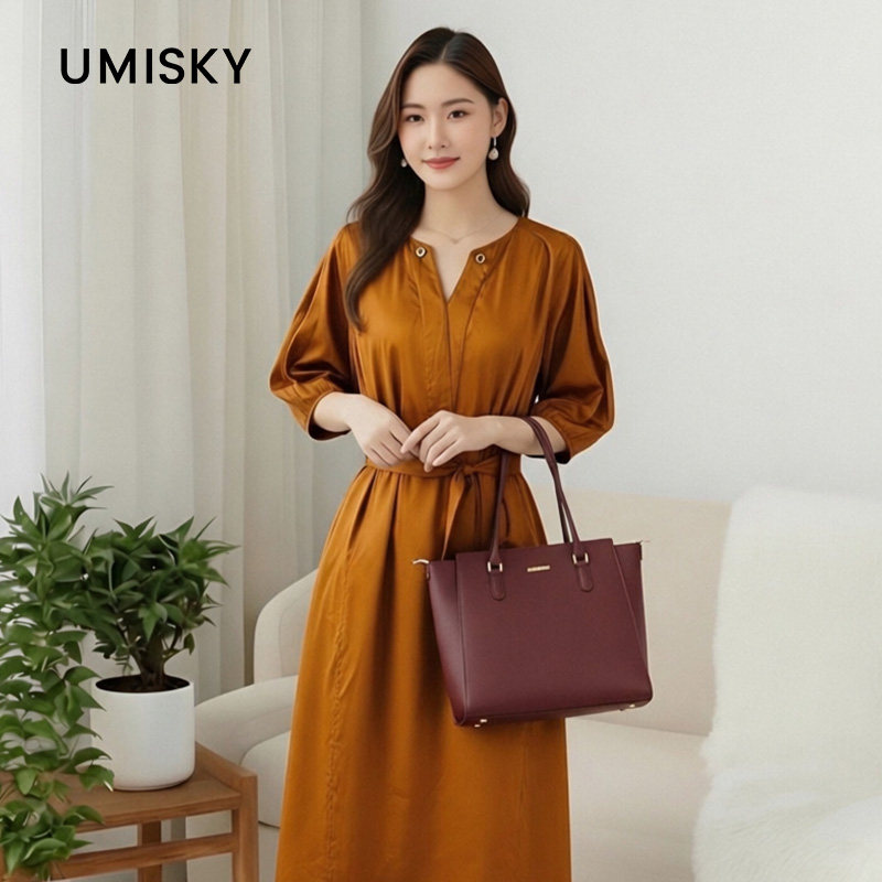 umisky优美世界女装春秋款中长纯色a字连衣裙SK3D1771图片