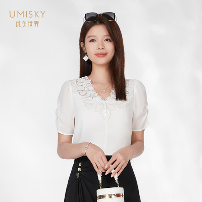 优美世界套头短袖绣花上衣