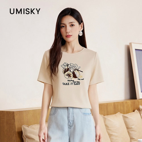 umisky优美世界专柜同款夏休闲舒适百搭圆领印花上衣T恤SM1J2816