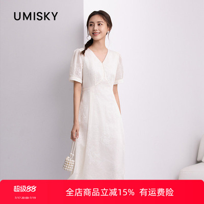 umisky优美世界专柜同款夏季V领泡泡袖提花收腰连衣裙SM2D1012