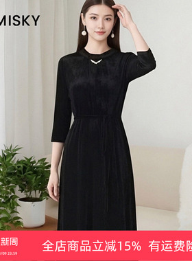优美世界旗下女装七分袖黑色连衣裙LM4D2026