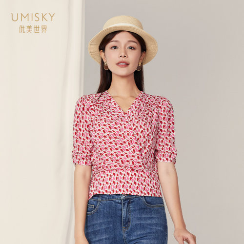 umisky优美世界专柜同款夏季时尚真丝印花短款茶歇式上衣SK1J3009