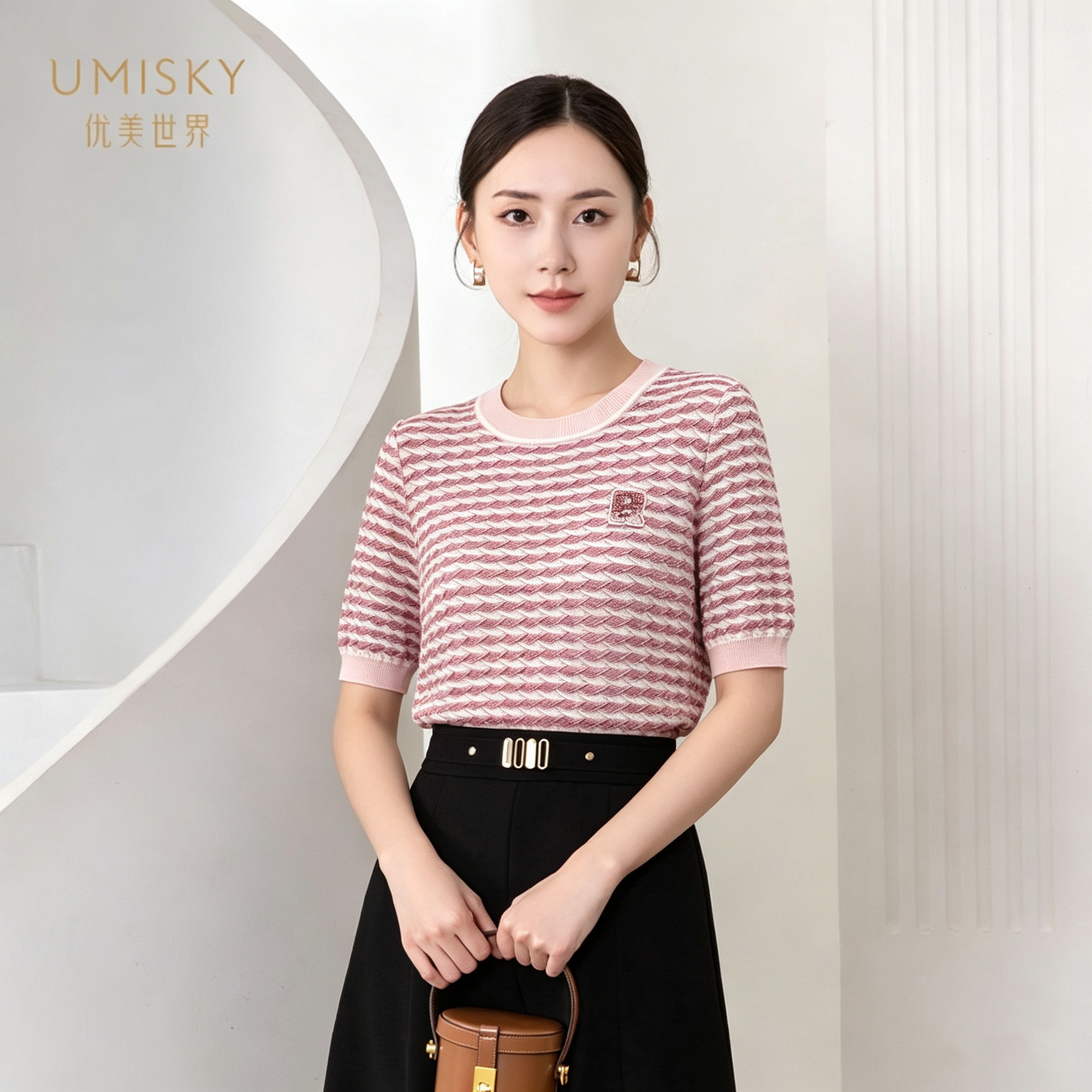 umisky优美世界专柜同款夏季圆领条纹莱赛尔上衣SM2W2860图片