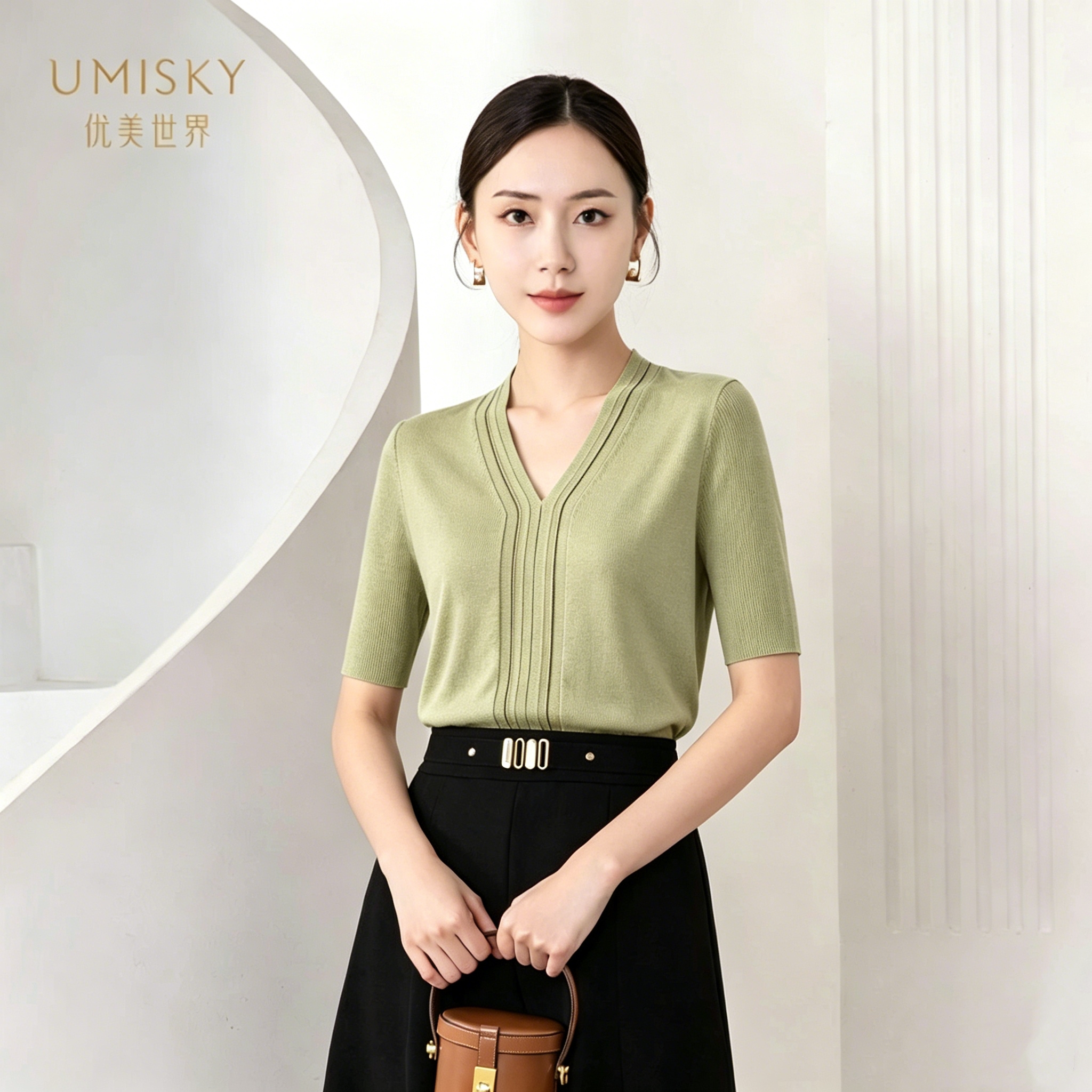 umisky优美世界专柜同款夏季时尚气质V领莱赛尔短袖上衣SM2W2857图片