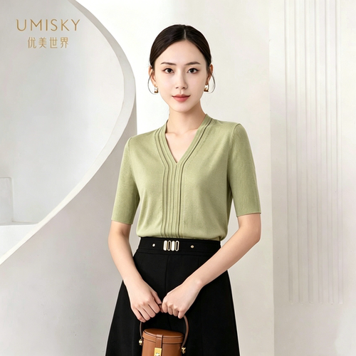 umisky优美世界专柜同款夏季时尚气质V领莱赛尔短袖上衣SM2W2857