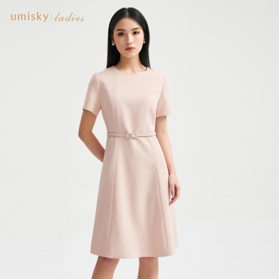 优美世界a字显瘦纯色连衣裙