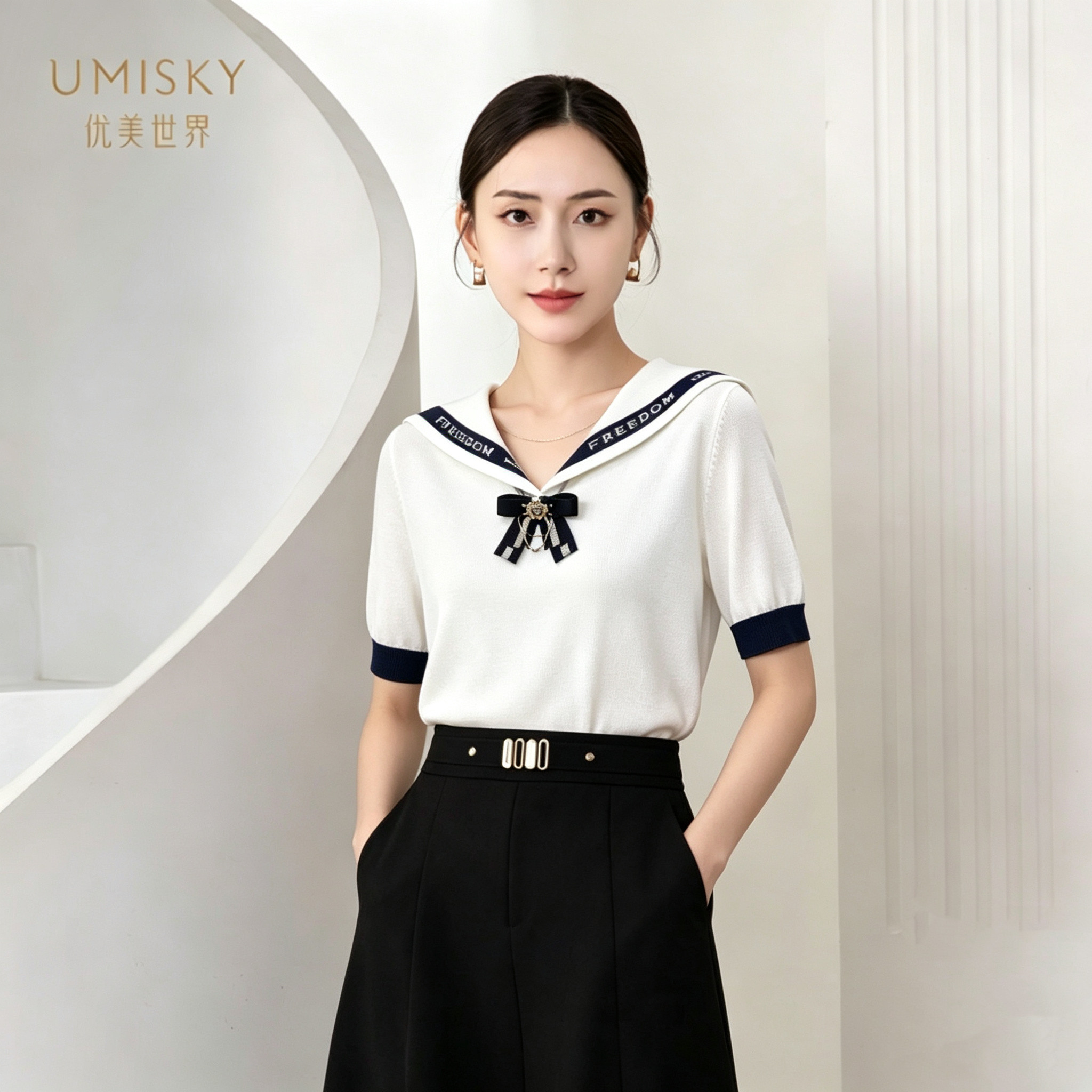umisky优美世界专柜同款夏季海军领套头针织衫上衣SM2W3225图片