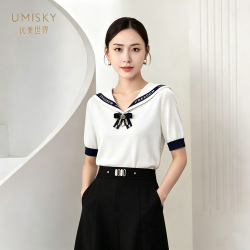 umisky优美世界专柜同款夏季海军领套头针织衫上衣SM2W3225