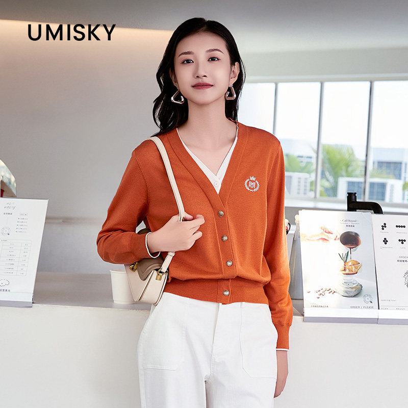 umisky优美世界专柜同款夏季撞色V领学院风开衫毛衫外套SM1S1204